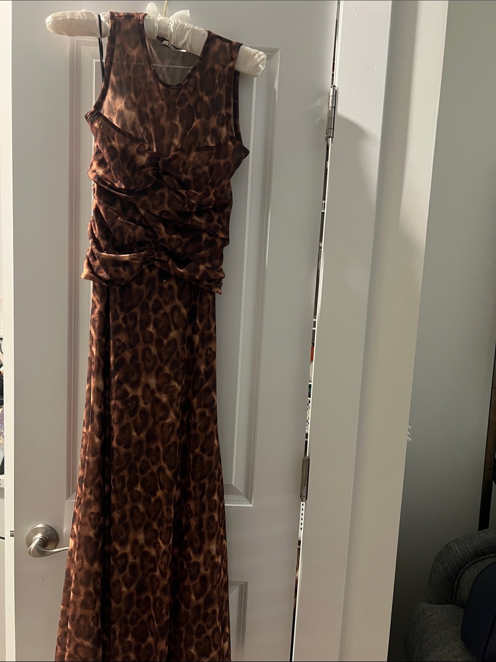 Sleeveless Brown Leopard-Print Maxi Dress with Ruched Bodice